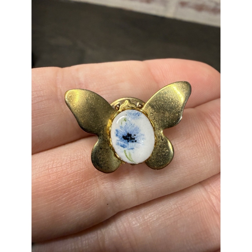 Gold Tone Butterfly Blue Hand Painted Flower Pin Lapel Vintage